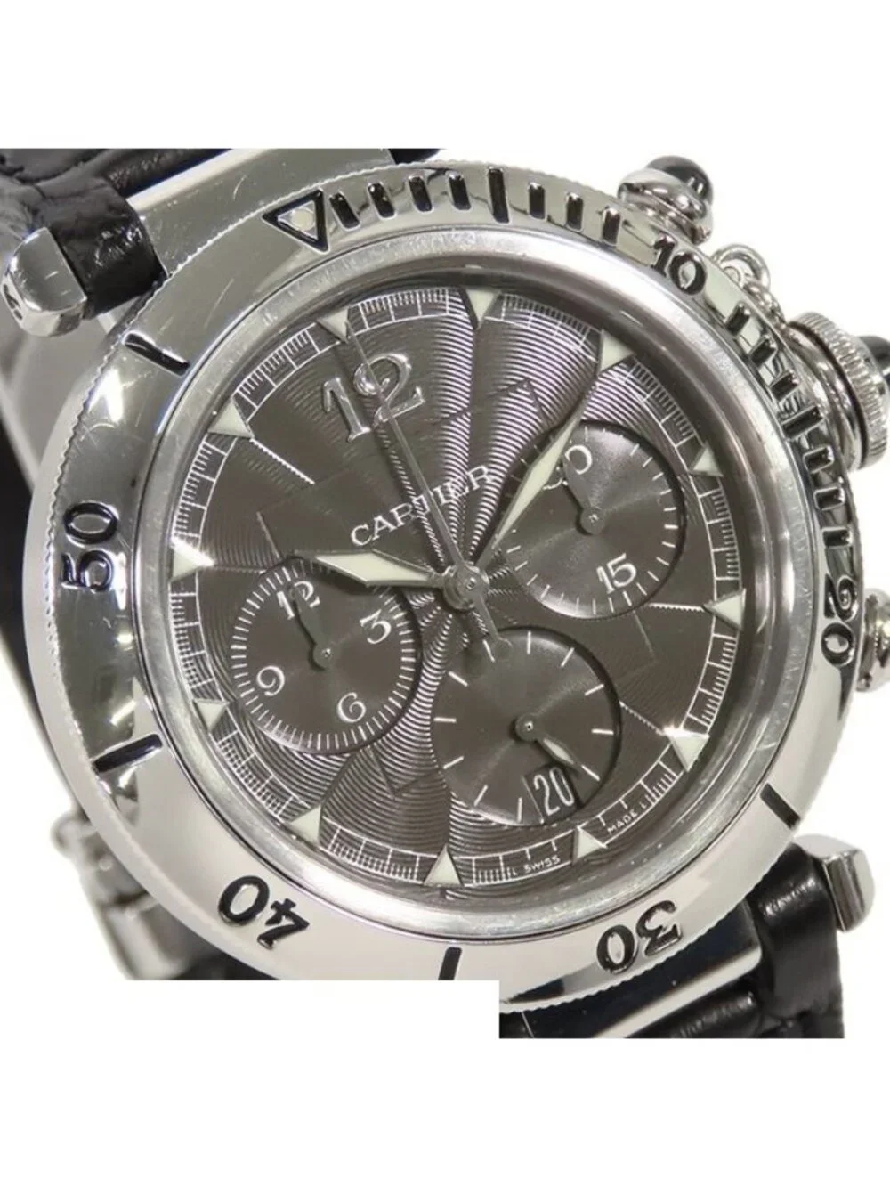 Cartier Pasha 38 Gray SS Leather Chronograph Watch Automatic
